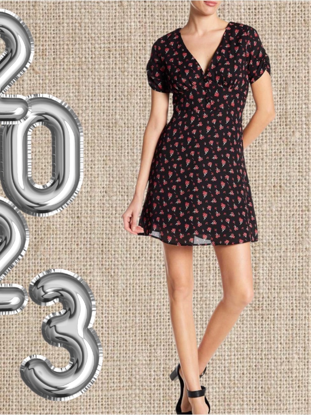Floral Wrap V-Neck Mini Dress - Black with Pink Floral - Picture 3 of 4
